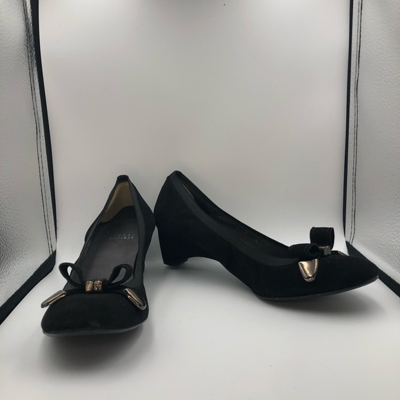Stuart Weitzman Black Suede Silver Bow Derail Wedges Sz 9 - Picture 2 of 11